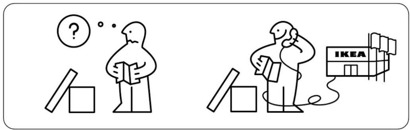 Illustration showing two cartoon figures with boxes and a IKEA building, one thinking with a question mark and the other holding a book.