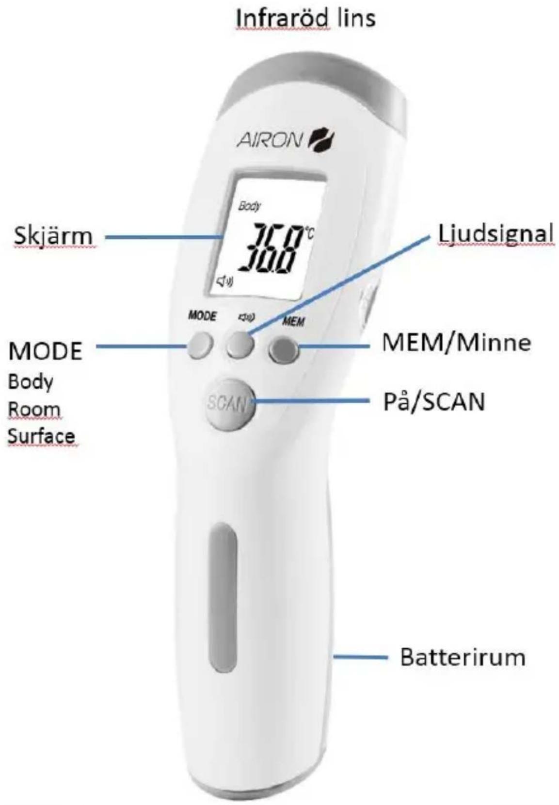 Infraröd lins AIRON Body 37.0°C Skjärm Ljudsignal MODE MEM/Minne Body Room Surface På/SCAN SCAN Batterirum