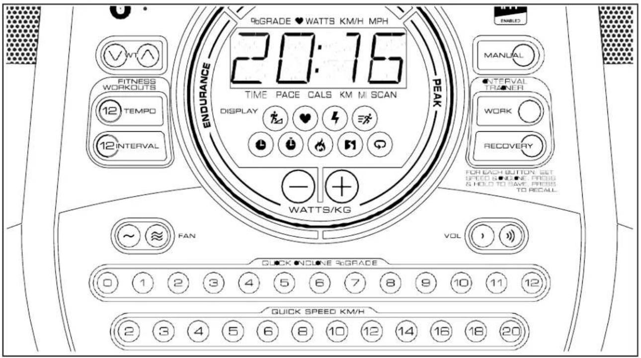 96GRADE ♥ WATTS KM/H MPH 20:76 TIME PACE CALS KM MI SCAN ENDURANCE DISPLAY PEAK WATTS/KG FAN VOL QUICK ONLINE 96GRADE 0 1 2 3 4 5 6 7 8 9 10 11 12 QUICK SPEED KM/H 2 3 4 5 6 8 10 12 14 16 18 20 ENABLED MANUAL INTERVAL TRAINER WORK RECOVERY FOR EACH BUTTON. SET SPEED & NOONE. PRESS & HOLD TO SAVE. PRESS TO RECALL