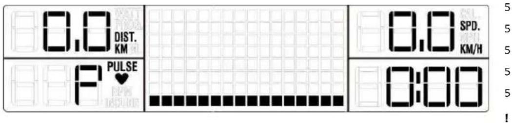 0,0 DIST. KM P PULSE ♥ 0,0 SPD. KM/H 0:00 5 5 5 5 5 5 !