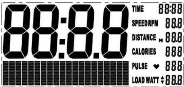 TIME 88:88 SPEEDRPM 88.8 DISTANCE 88.8 CALORIES 88.8 PULSE ♥ 88.8 LOAD WATT ♦ 88.8