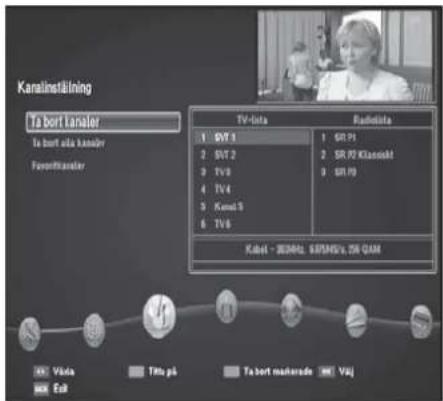 Karalinstäning Ta bort kanaler Ta bort alla kanaler Favonfkanaler FV-lots 1 SVT 1 2 SVT 2 3 TV 2 4 TV 4 5 Kam 5 6 TV 6 Radio-lots 1 SVT 1 2 SVT 2 3 TV 2 4 TV 4 5 Kam 5 Kabel - 30/8/10, SATMSV's, ZS QAM KV Våda Tölt på Ta bort markersde Våj Eall