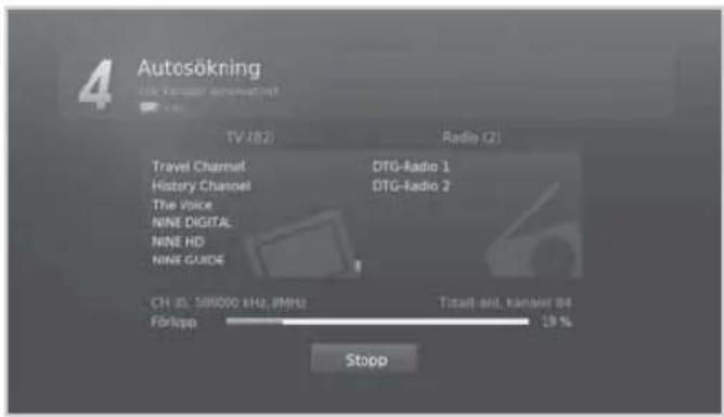 4 Autosökning TV (82) Radio (2) Travel Channel DTG-Radio 1 History Channel DTG-Radio 2 The Voice NINE DIGITAL NINE HD NINE GUIDE CH: 35.56000 kHz, 9MHz Totalt and, kanalor 84 Förkopp 19 % Stopp