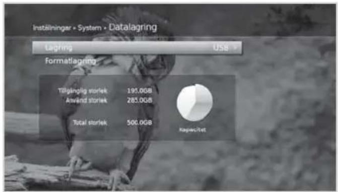 Inställninger • System • Datalogring Lagling US$ Formatlagring Tillgånglig storlek 195.0GB Använd storlek 285.0GB Total storlek 500.0GB Kapac/Zet