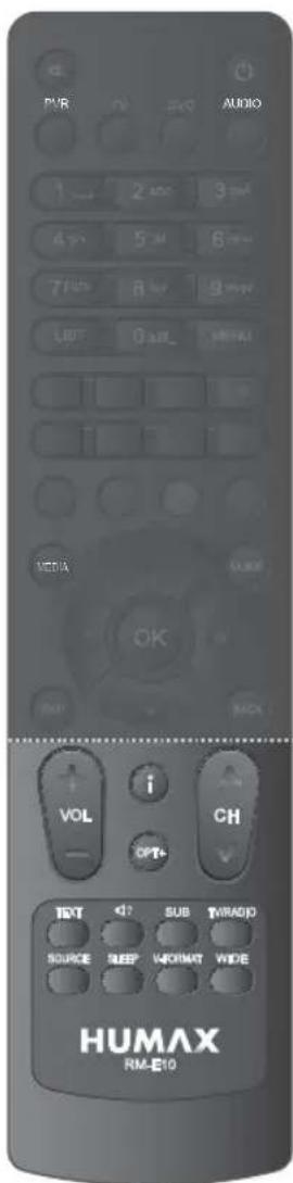 PWR AVIO AUDIO 1 → 2 abc 3 mod 4 × 5 M 6 min 7 rad 8 rad 9 min LUT 0 arb. MDAI MEDIA OK VOL i CH OPT+ TEXT d? SUB TRADIO SOURCE SEEP WICOMAT WIDE HUMAX RM-E10