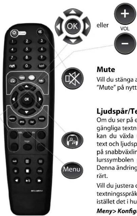 eller VOL Mute Vill du stänga a "Mute" på nytt. Ljudspår/Te Om du ser på e gängliga textni kan du växla r text och ljudsp på snabbväxlin lurssymbolen p Denna ändring rärt. Vill du justera d textningsspråk istället det i hu Meny> Konfigu