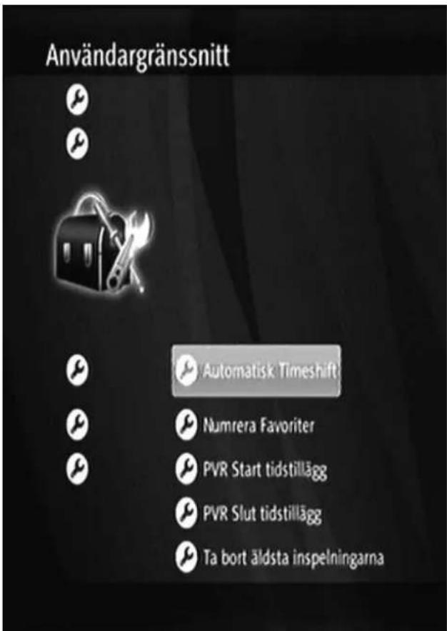 Användargränssnitt Automatisk Timeshift Numrera Favoriter PVR Start tidstillägg PVR Slut tidstillägg Ta bort äldsta inspelningarna