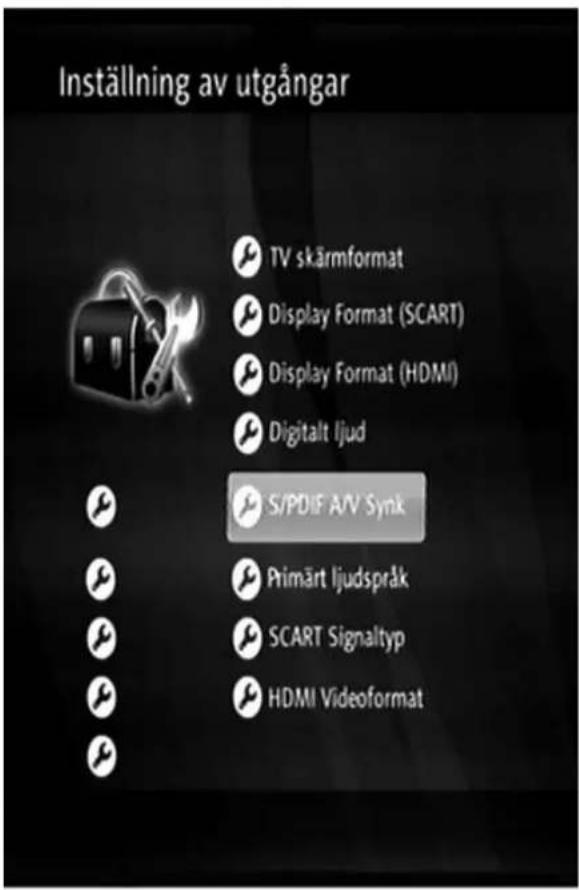 Inställning av utgångar TV skärmformat Display Format (SCART) Display Format (HDMI) Digitalt ljud S/PDIF A/V Synk Primärt ljudspråk SCART Signaltyp HDMI Videoformat
