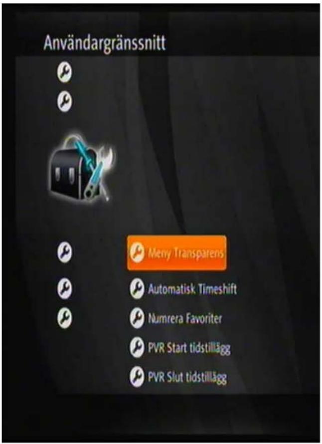 Användargränssnitt Merry Transparens Automatisk Timeshift Numrera Favoriter PVR Start tidstillägg PVR Slut tidstillägg