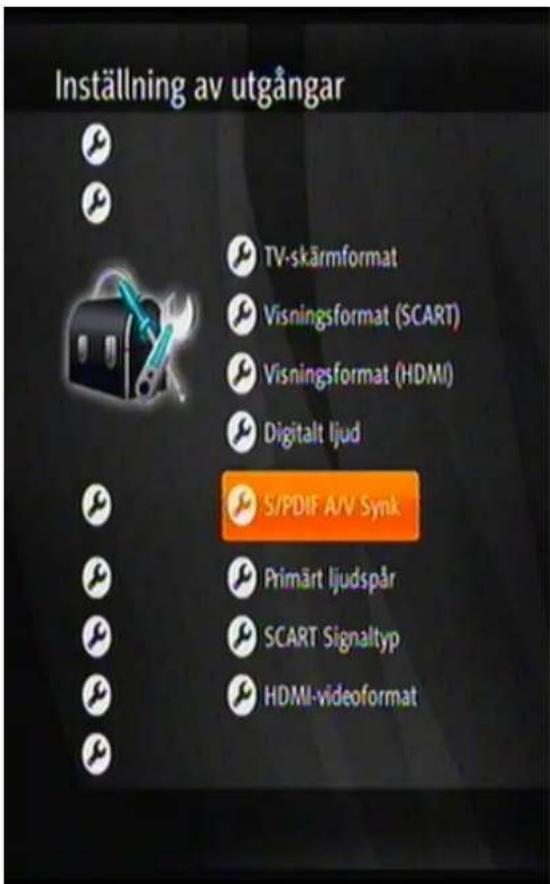 Inställning av utgångar TV-skärmformat Visningsformat (SCART) Visningsformat (HDMI) Digitalt ljud S/PDIF A/V Synk Primärt ljudspår SCART Signaltyp HDMI-videoformat