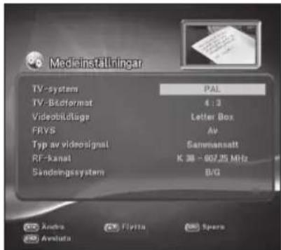 Medieinstallningar TV-system PAL TV-Baformat 4:3 Videobildluge Letter Box FRVS AV Typ av videosignal Sammansatt RF-Kansat K 38 - 607.25 MHz Sindingsystem B/G Andrea Flirtia Spers Avista