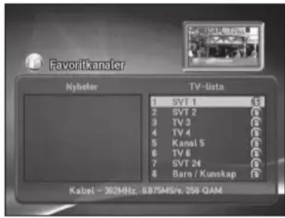 Favoritkanater Nybeter TV-lista 1 SVT 1 2 SVT 2 3 TV 3 4 TV 4 5 Kamai 5 6 TV 6 7 SVT 24 8 Barn / Kunskap Kabel - 302MHz, E075MSFe, 256 QAM