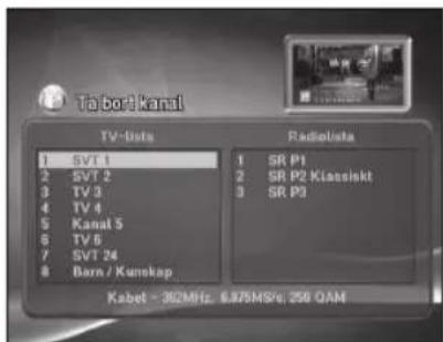 Ta bo 2 kanal TV-onlys 1 SVT 1 2 SVT 2 3 TV 3 4 TV 4 5 Kanat 5 6 TV 6 7 SVT 24 8 Born / Kunskap Radiolista 1 SR P1 2 SR P2 Klassiskt 3 SR P3 Kabet - 362MHz, 6.875MS/s; 256 QAM