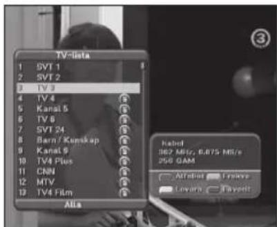 TV-lista 1 SVT 1 2 SVT 2 3 TV 3 4 TV 4 5 Kanat 5 6 TV 6 7 SVT 24 8 Barn / Konskap 9 Kanat 9 10 TV4 Plus 11 CNN 12 MTV 13 TV4 Film Kabel 362 MFR, 0.875 MFRs 250 GAM Attribute I receive Levarn T avoidt