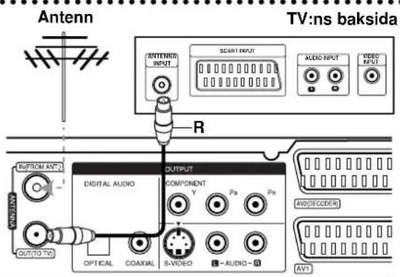 Antenn TV:ns baksida ANTENN INPUT SCART INPUT AUDIO INPUT VIDEO REVI R INFROM ANT1 OUTPUT DIGITAL AUDIO COMPONENT Y Pa Ps OPTICAL COAXIAL S-VIDEO AUDIO- AVT AVD/DECODER OUT(TO TV) AVT