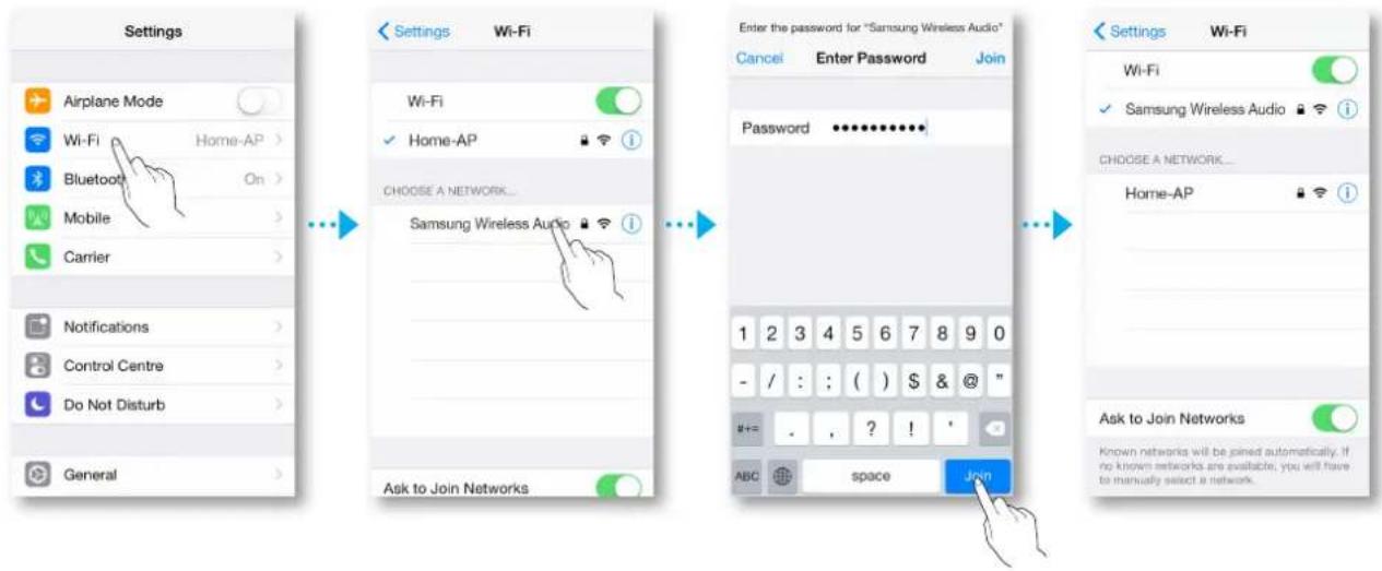 graph LR A["Settings"] --> B["Add Settings"] B --> C["Enter the password for "Samsung Wireless Audio""] C --> D["Password: *********"] D --> E["Ask to Join Networks"]