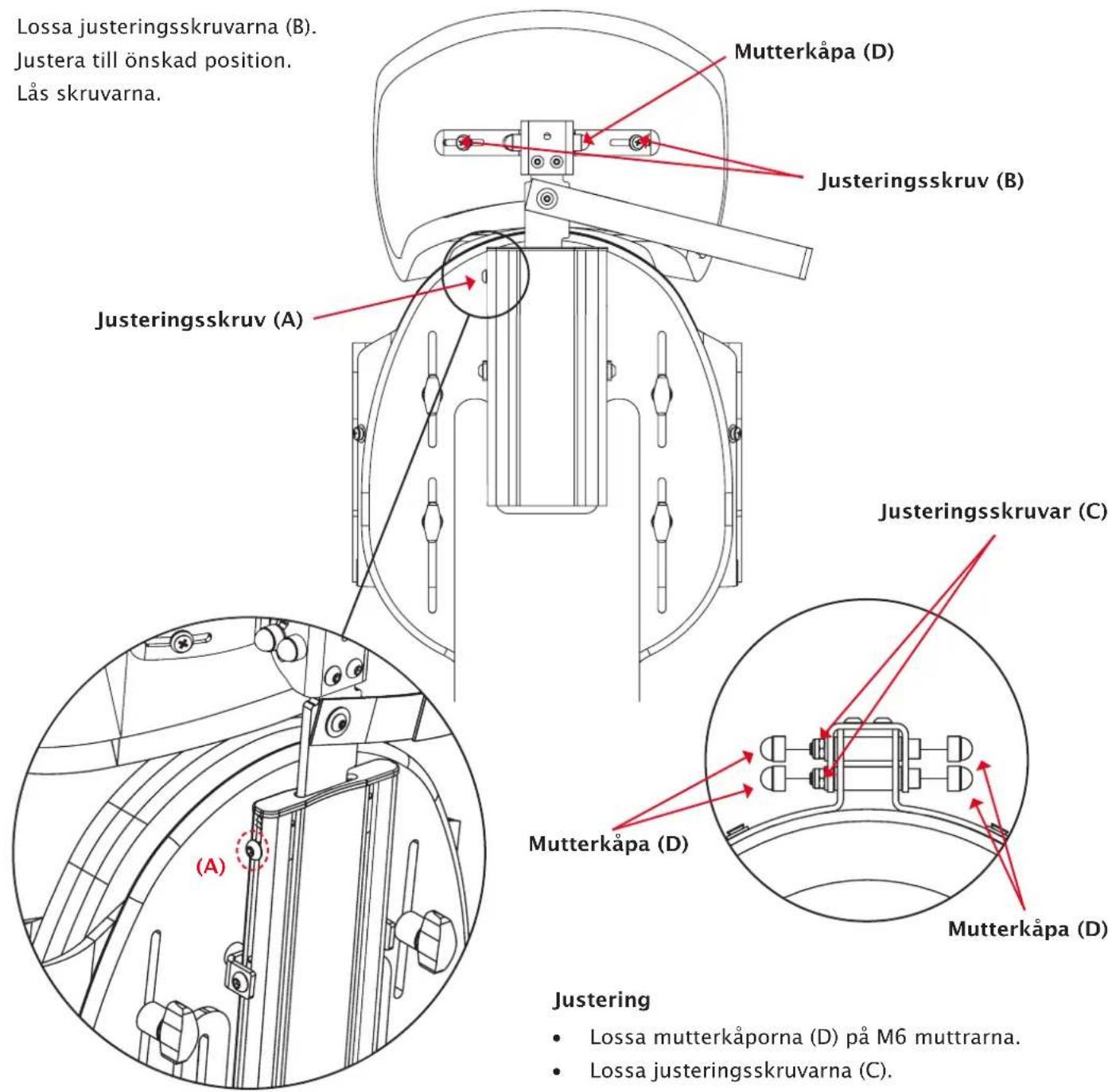 Lossa justeringsskruvarna (B). Justera till önskad position. Lås skruvarna. Mutterkåpa (D) Justeringsskruv (B) Justeringsskruv (A) Justeringsskruvar (C) Mutterkåpa (D) Mutterkåpa (D) Justering • Lossa mutterkåporna (D) på M6 muttrarna. • Lossa justeringsskruvarna (C).