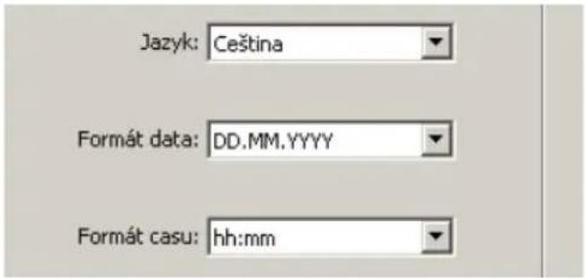 Jazyk: Ceština Format data: DD.MM.YYYY Format casu: hh:mm