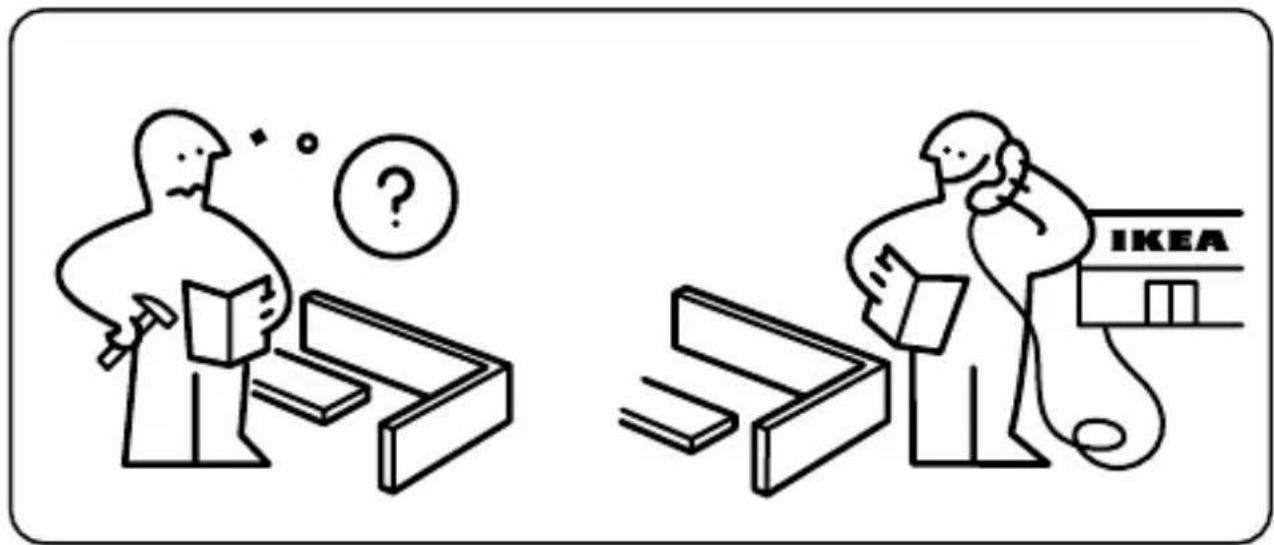 Illustration showing two people examining a laptop with a question mark, one holding a book and the other looking at a building labeled 'IKEA'.