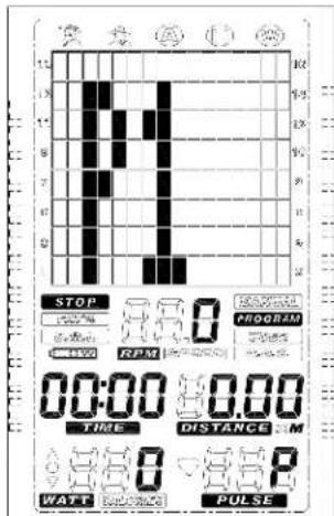 STOP 000% PROGRAM RPM 00:00 TIME DISTANCE WATT PULSE