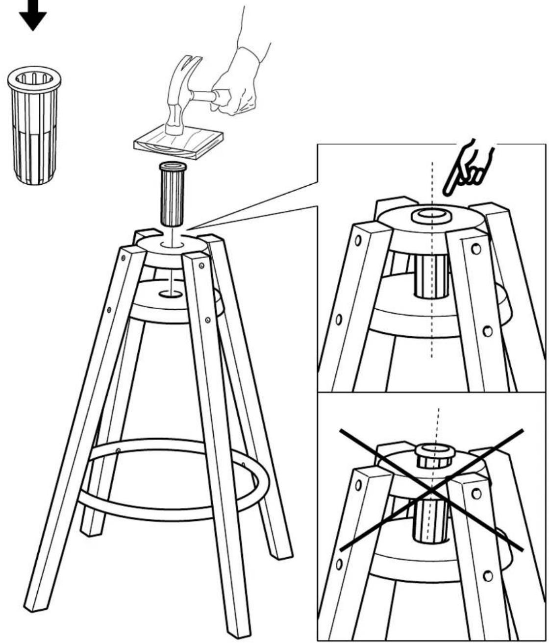 Technical diagram illustrating a mechanical setup with labeled components and hand positioning instructions