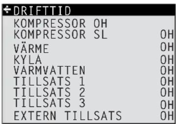 DRIFTTID KOMPRESSOR OH KOMPRESSOR SL OH VÄRME OH KYLA OH VARMVATTEN OH TILLSATS 1 OH TILLSATS 2 OH TILLSATS 3 OH EXTERN TILLSATS OH
