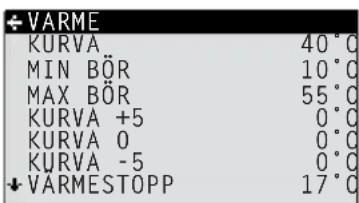 VARME KURVA 40° MIN BÖR 10° MAX BÖR 55° KURVA +5 0° KURVA 0 0° KURVA -5 0° ↓VARMESTOPP 17°