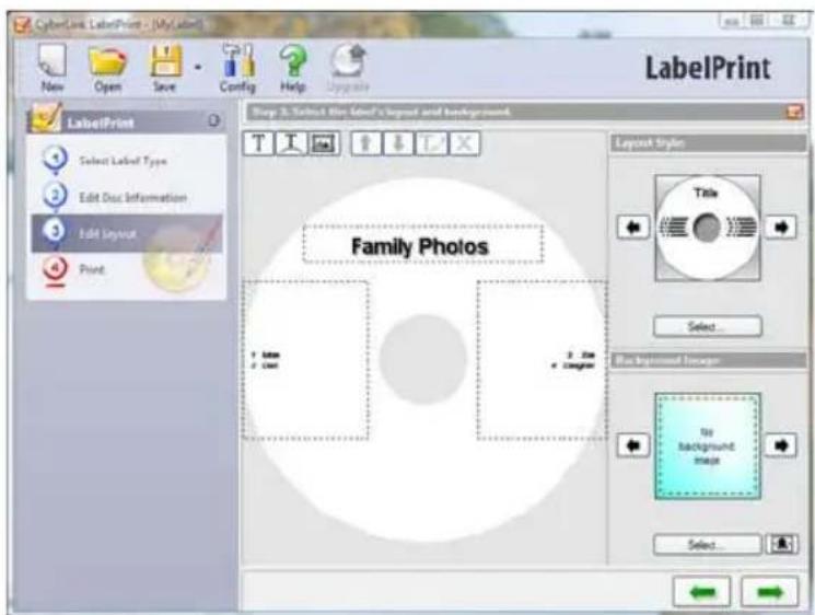 CyberLink LabelPrint - (MyLabel) New Open Save Config Help Upgrade LabelPrint LabelPrint Select Label Type Edit Our Information Edit Layout Print Step 3: Select the Label's Layout and Background. Family Photos 1. Use 2. Use 3. Use e Image Layout Style Title Select... Background Manager To Background maps Select...
