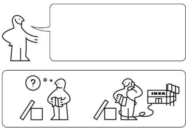 Illustration showing a person speaking to a speech bubble and two cartoon figures with books, one holding a 'IKEA' sign.