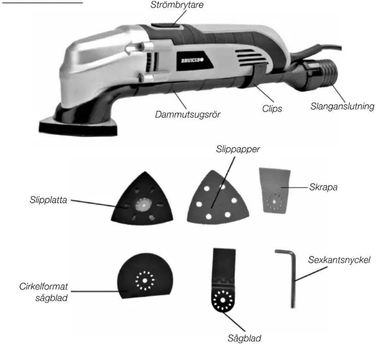 Strömbrytare Dammutsugsrör Clips Slanganslutning Slippapper Skrapa Slipplatta Cirkelformat sågblad Sågblad Sexkantsnyckel
