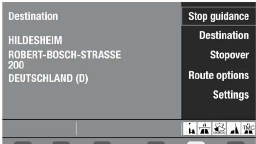 Destination HILDESHEIM ROBERT-BOSCH-STRASSE 200 DEUTSCHLAND (D) Stop guidance Destination Stopover Route options Settings