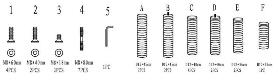 1 M8*60mm 4PCS 2 M8*40mm 2PCS 3 M8*18mm 2PCS 4 M8*80mm 7PCS 5 1PC A D12*45cm 2PCS B D12*45cm 2PCS C D12*40cm 4PCS D D12*40cm 2PCS E D12*36cm 2PCS F D12*29cm 1PC