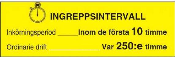 INGREPPSINTERVALL Inkörningsperiod _____Inom de första 10 timme Ordinarie drift _____ Var 250:e timme