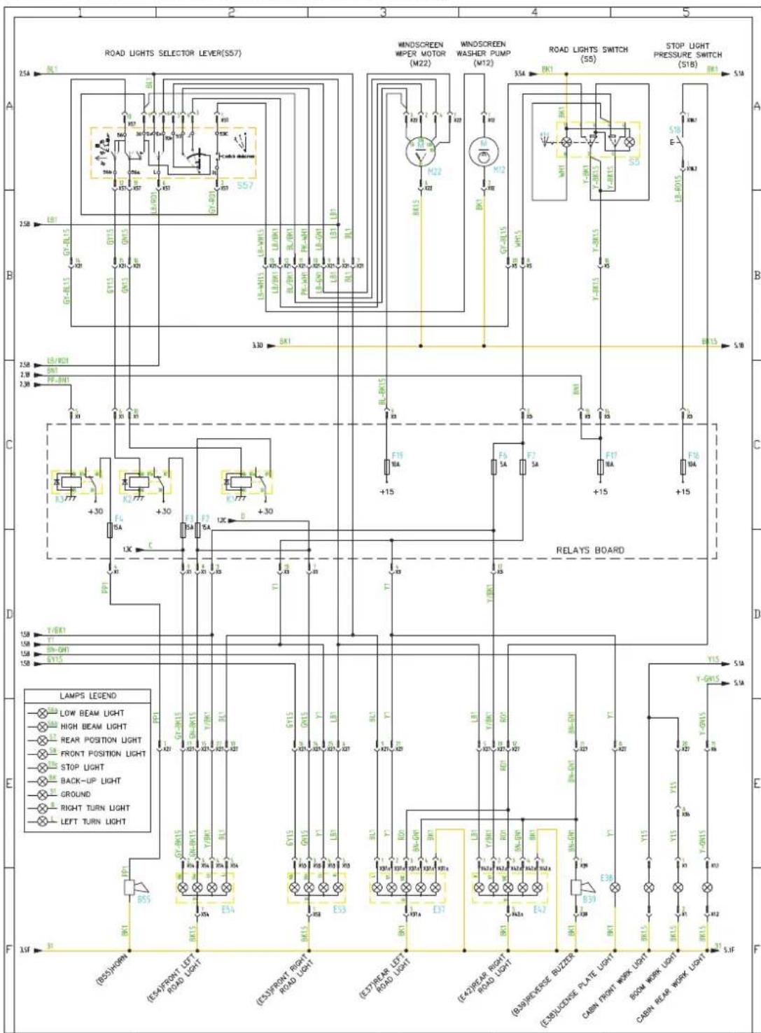 ROAD LIGHTS SELECTOR LEVER(S57) WINDSCREEN MPER MOTOR (M22) WINDSCREEN WASHER PUMP (M12) ROAD LIGHTS SWITCH (S5) STOP LIGHT PRESSURE SWITCH (S18) A B C D E F LAMPS LEGEND LOW BEAM LIGHT HIGH BEAM LIGHT REAR POSITION LIGHT FRONT POSITION LIGHT STOP LIGHT BACK-UP LIGHT GROUND RIGHT TURN LIGHT LEFT TURN LIGHT (ES4)FRONT LEFT ROAD LIGHT (ES3)FRONT RIGHT ROAD LIGHT (ES2)PEAR LEFT ROAD LIGHT (ES1)PEAR RIGHT ROAD LIGHT (ES0)PEVERSE BUZER (ES9)LICEDVE PLATE LIGHT CABIN FRONT WORK LIGHT CABIN REAR WORK LIGHT S.1F S.1R S.1B S.1A S.1B S.1C S.1D S.1E S.1F S.1G S.1H S.1I S.1J S.1K S.1L S.1M S.1N S.1O S.1P S.1Q S.1R S.1S S.1T S.1U S.1V S.1W S.1X S.1Y S.1Z S.1A S.1B S.1C S.1D S.1E S.1F S.1G S.1H S.1I S.1P S.1Q S.1R S.1S S.1T S.1U S.1V S.1O S.1P S.1Q S.1R S.1A S.1B S.1C S.1D S.1E S.1F