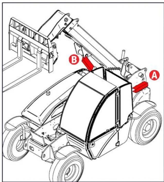 Technical diagram of a mobile crane with labeled components A and B, showing structural components and assembly.