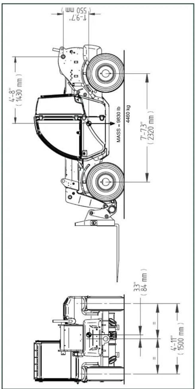 (mm 050 mm) 1-9.7" (1430 mm) 4'-8" (1430 mm) MASS = 9830 lb 4460 kg 7'-73" (2320 mm) 3.3" (84 mm) 4'-11" (1500 mm)