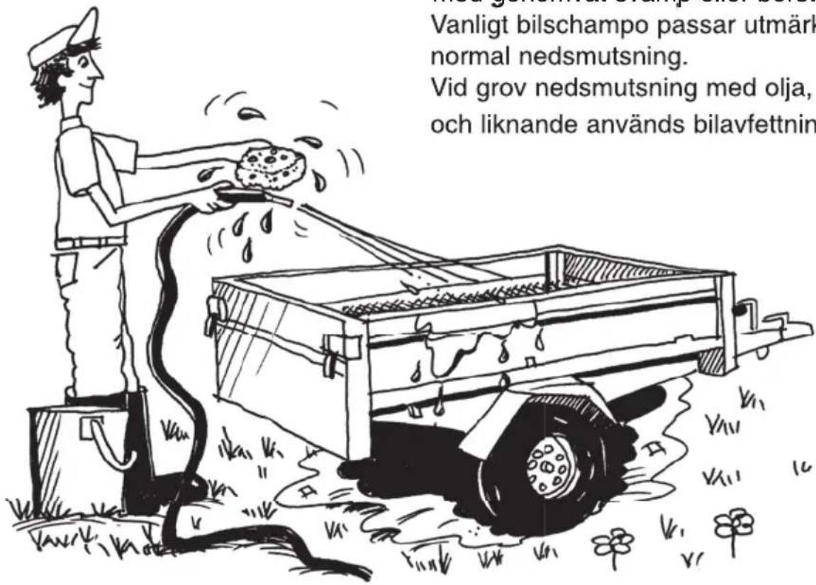 Vanligt bilschampo passar utmärk normal nedsmutsning. Vid grov nedsmutsning med olja, och liknande används bilavfettnin