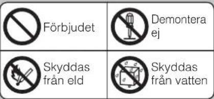 Förbjudet Demontera ej Skyddas från eld Skyddas från vatten