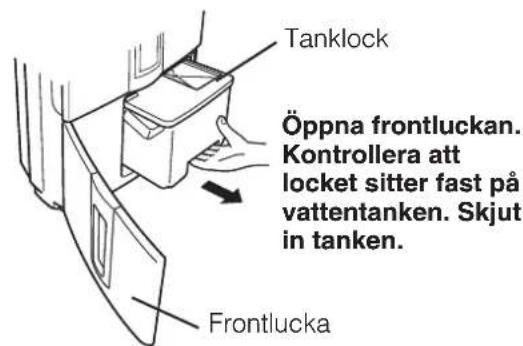 Tanklock Öppna frontluckan. Kontrollera att locket sitter fast på vattentanken. Skjut in tanken. Frontlucka