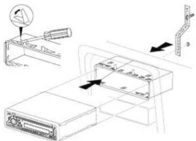 Technical diagram showing device installation steps with labeled components and directional arrows indicating movement or assembly.