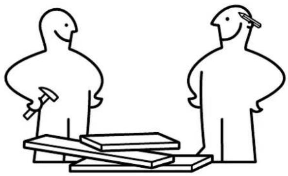 Simple line drawing of two figures standing beside a wooden block, one holding a hammer and the other with a nail (no text or symbols)