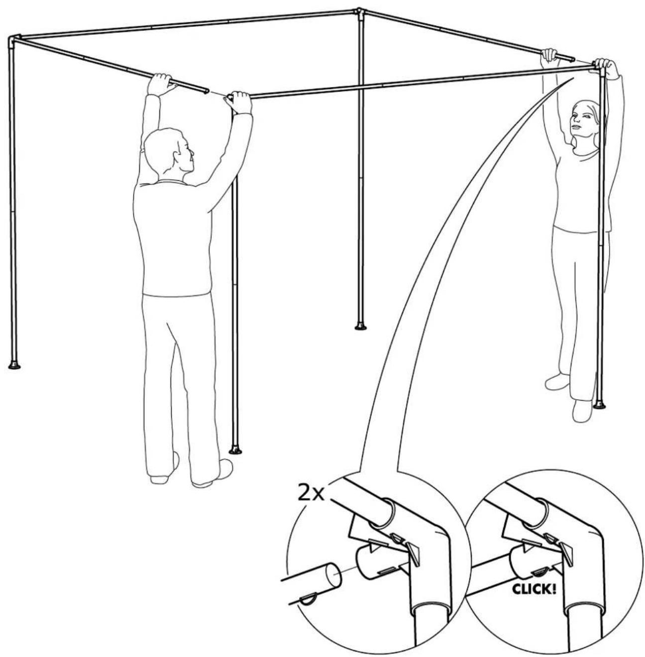 Illustration showing a person performing pull-ups on a bar using a pole, with zoomed-in details of the motion and click button.