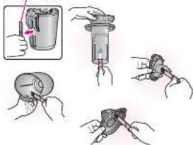Illustration showing a hand holding a small container being handled with a tool, and then using a tool to lift a crab.