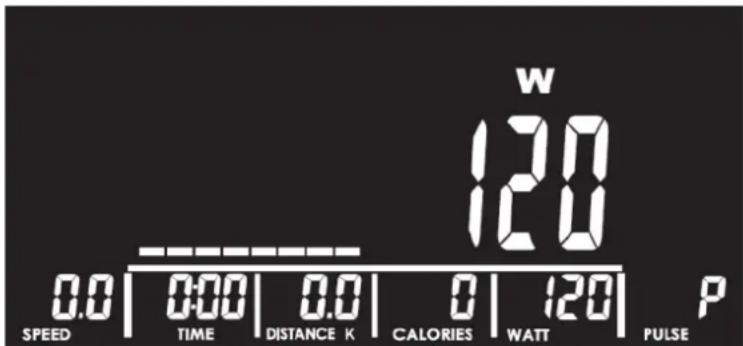 W 120 120 0.0 | 0:00 | 0.0 | 0 | 120 | P SPEED TIME DISTANCE K CALORIES WATT PULSE
