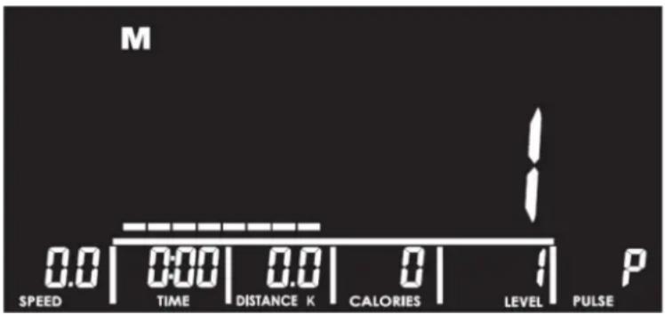 M 0.0 | 0:00 | 0.0 | 0 | 1 P SPEED TIME DISTANCE K CALORIES LEVEL PULSE