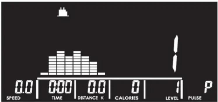 SPEED 0.0 | 0:00 | 0.0 | 0 | 1 P TIME DISTANCE K CALORIES LEVEL PULSE