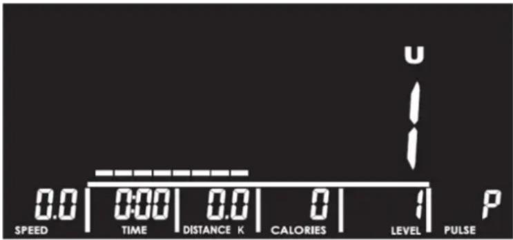 SPEED 0.0 | 0:00 | 0.0 | 0 | 1 P TIME DISTANCE K CALORIES LEVEL PULSE