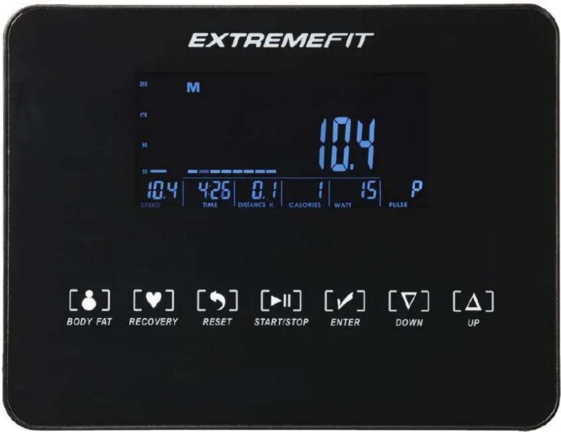 EXTREMEFIT 250 M 170 10.4 90 0.1 1 15 P 10.4 | 4:26 | 0.1 | 1 | 15 P SPEED TIME DISTANCE K CALORIES WAIT PULSE [ ] [♥] [ ] [▶II] [✓] [▽] [△] BODY FAT RECOVERY RESET START/STOP ENTER DOWN UP