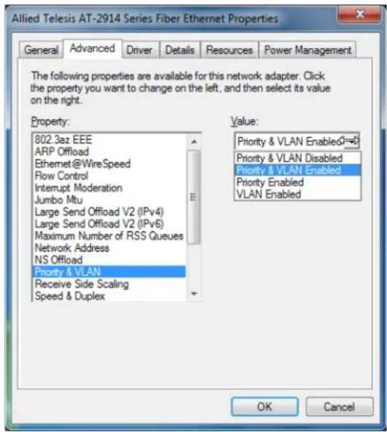 Allied Telesis AT-2914 Series Fiber Ethernet Properties General Advanced Driver Details Resources Power Management The following properties are available for this network adapter. Click the property you want to change on the left, and then select its value on the right. Property: 802.3az EEE ARP Offload Ethernet@WireSpeed Flow Control Interrupt Moderation Jumbo Mtu Large Send Offload V2 (IPv4) Large Send Offload V2 (IPv6) Maximum Number of RSS Queues Network Address NS Offload Priority & VLAN Receive Side Scaling Speed & Duplex Value: Priority & VLAN Enabled Priority & VLAN Disabled Priority & VLAN Enabled Priority Enabled VLAN Enabled OK Cancel