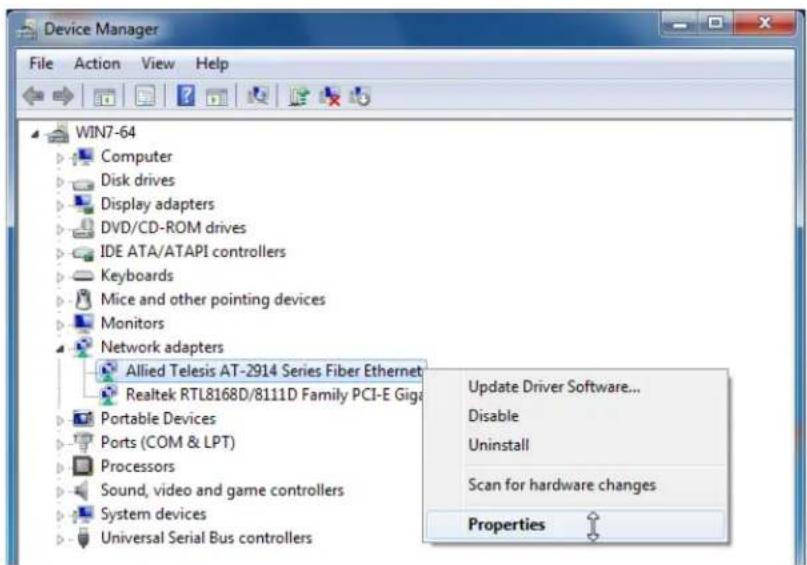 Device Manager File Action View Help WIN7-64 Computer Disk drives Display adapters DVD/CD-ROM drives IDE ATA/ATAPI controllers Keyboards Mice and other pointing devices Monitors Network adapters Allied Telesis AT-2914 Series Fiber Ethernet Realtek RTL8168D/8111D Family PCI-E Giga Portable Devices Ports (COM & LPT) Processors Sound, video and game controllers System devices Universal Serial Bus controllers Update Driver Software... Disable Uninstall Scan for hardware changes Properties